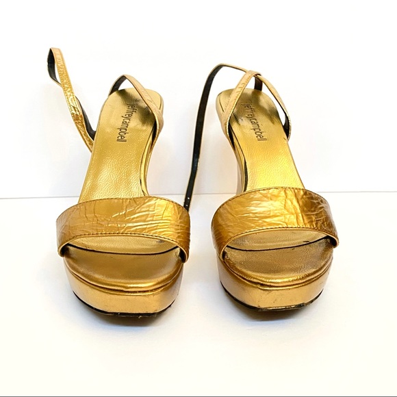 Jeffrey Campbell metallic gold leather open toe ankle strap platform wedge heels - Picture 2 of 9